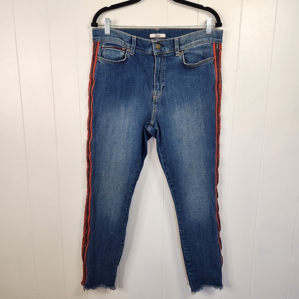 Vintage Y2K Tommy Hilfiger Zipper Jeans High Rise Stretchy Raw Hem Red Logo 34